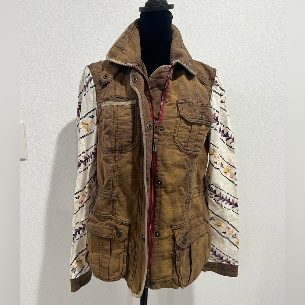 Free People Brown Utility Jacket with Printed Sleeves - Picture 2 of 5